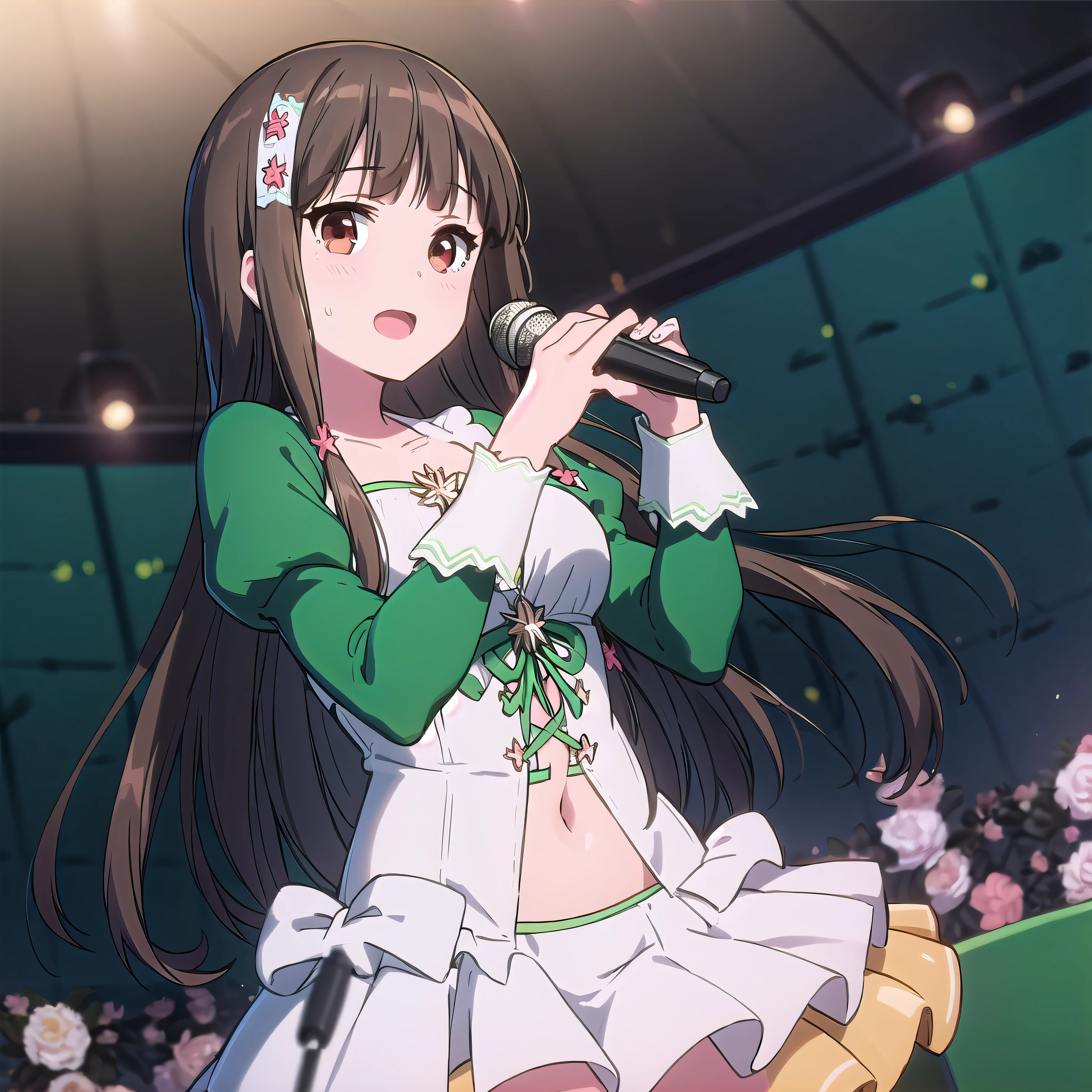 best quality, (masterpiece:1.2), highly detailed,
1girl, solo, <lora:chara_AmagiBrilliantPark_Kobori_v1:0.8>, kobori, open mouth, slight smile, looking at the viewer,
brown hair, long hair, brown eyes, navel, hair ornament, dress, navel, showgirl skirt, white thighhighs, microphone, singing