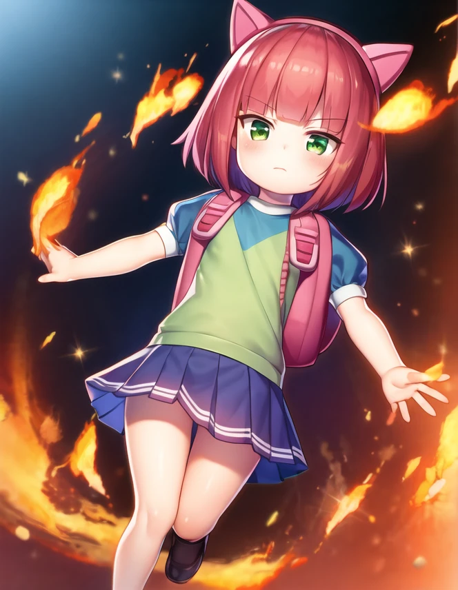 yukino minato, masterpiece, full body, fire, annie \(league of legends\), league of legends, 1girl, puffy sleeves, short sleeves, pleated skirt, animal ears, backpack, bag, bangs, fake animal ears, flat chest, green eyes, looking at viewer, standing, pink hair, mary janes,<lora:annieFromLeagueOf_annieV1:.6>, <lora:yukinominato_v2-000002:1>
