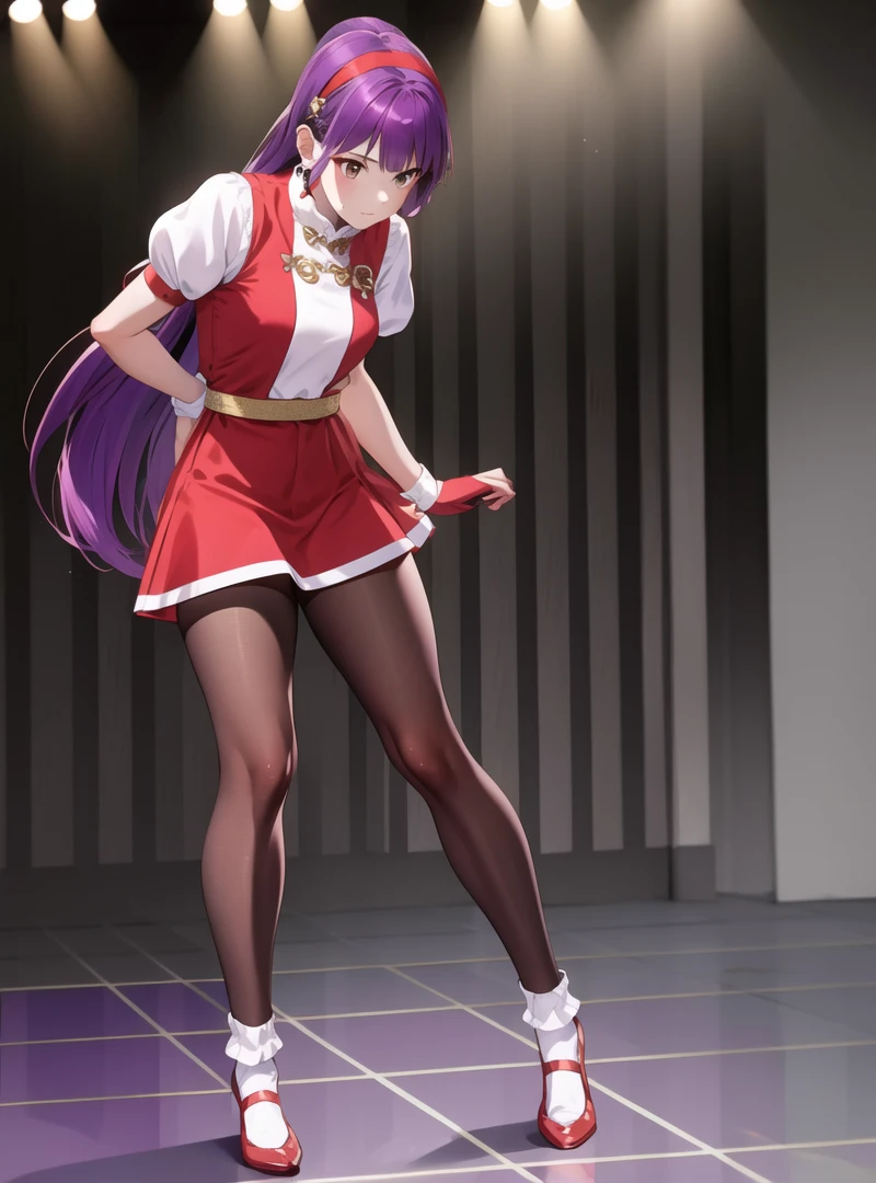 Beautiful face,best quality,highres, (1girl:1.3),solo,,purple hair, long hair, hairband, long hair, 
earrings, (red dress:0.9), puffy short sleeves, white sleeves, wristband,(standing:0.9),(spread legs quality:0.6),full body,  beautlful legs,  (black pantyhose:0.9),white socks,(necklace with 5 purple beads:0.5),  <lora:Athena97:0.9>