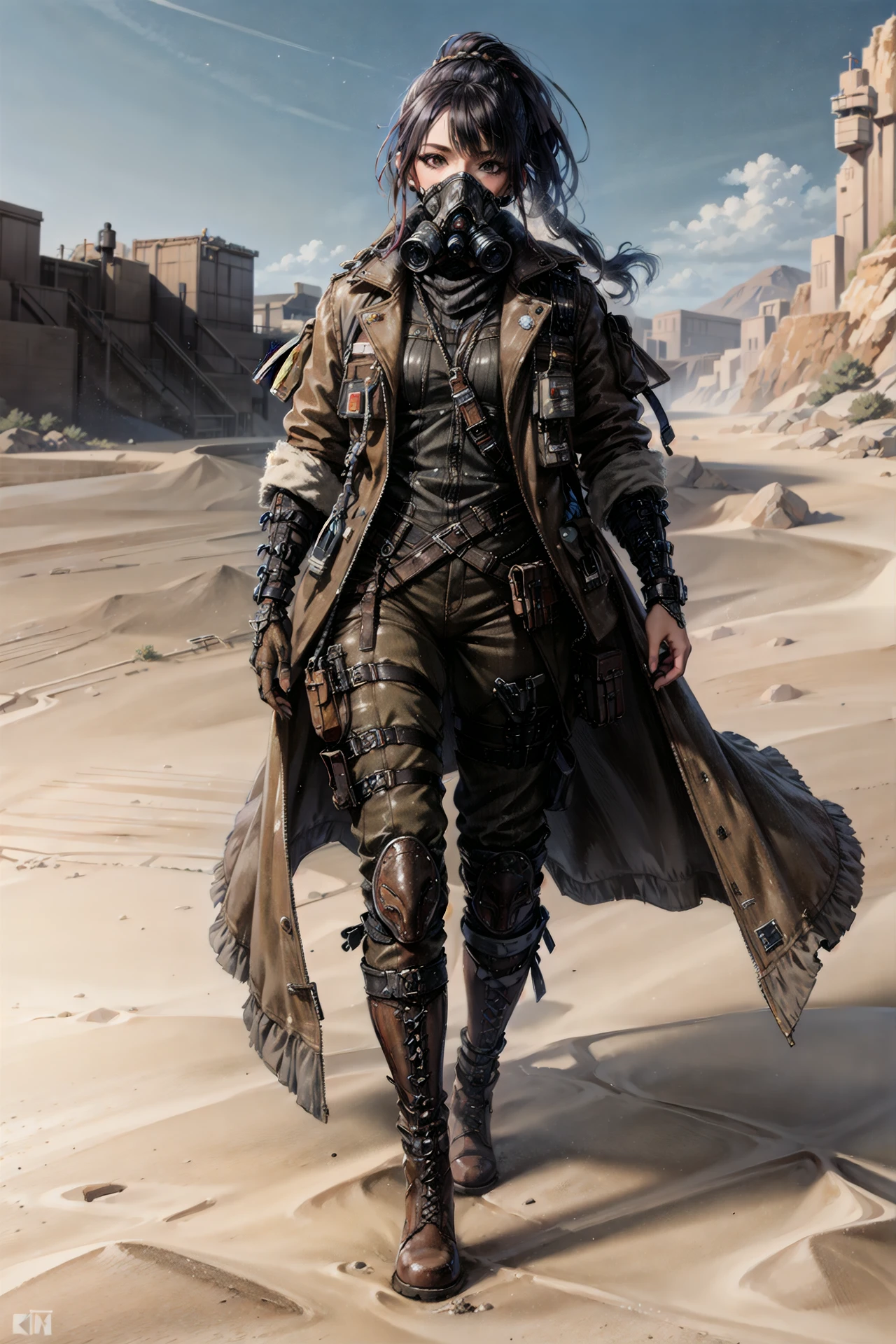 (masterpiece, 4k ,ultra detailed:1.2),(beautiful face:1.2),(anime:1.2),illustration,(realistic:1),
(solo:1.2),
(fullbody:1.2),
(landscape,outdoor,desert,daylight,sandstorm,wind:1.2),
(holster,full face gas mask,distressed trench coat,utility vest,glove,cargo pants,boots:1.2),
(black hair,braided ponytail)
(wide hips:1),(muscular:1.2),(supermodel:1.4),
<lora:hipoly3DModelLora_v10:0.3>,
<lora:Cnbeauty4_v1:0.4>,
<lora:flat2:-0.5>,
 <lora:postapocalypseAI:0.6>,postapoAI