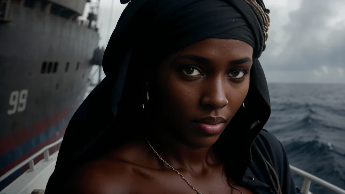 Step-by-step, highest quality, eye-level shot, dark cinematic film still, of (captivating WOMAN somali pirate, wearing ragged and worn t-shirt, exquisite black skin), (standing on the deck of a modern cargo ship, in the gulf of Aden), vivid details, bleak atmosphere, toned body, ordinary breasts, (perfect face), alluring eyes, (highly detailed skin), [skin macro], ((dirty)), (muddy:0.7), (stormy weather:0.7), rough seas, natural lighting, (crepuscular rays:0.7), 8mm film grain, photographed on a Canon EOS R5, 120mm lens, F/4 aperture, sharp focus, medium depth of field, (highly detailed, intricately detailed), (RAW), 8k, (still from Captain Phillips), directed by Christopher Nolan, (full body)