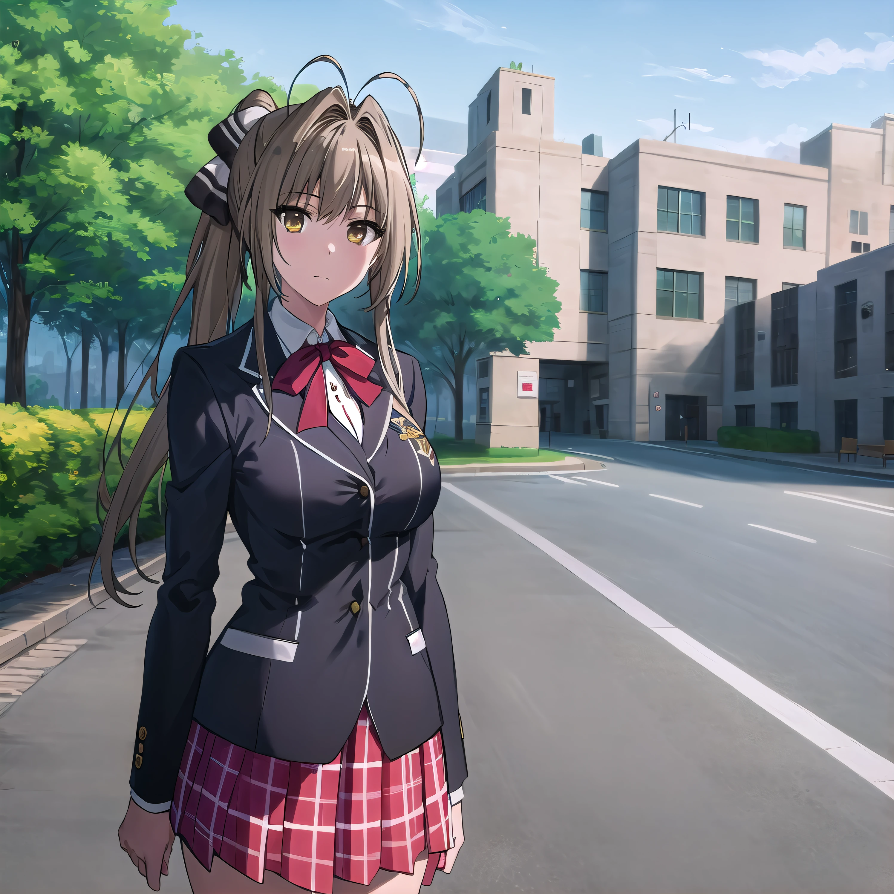 best quality, (masterpiece:1.2), highly detailed, outdoors, school,
1girl, solo, <lora:chara_AmagiBrilliantPark_SentoIsuzu_v1:0.8>, sento isuzu, closed mouth, looking at the viewer,
brown hair, long hair, antenna hair, ponytail, brown eyes, school uniform, blazer, plaid skirt, red skirt