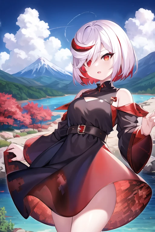 1girl, sageai, red eyes, short hair, hair over one eye, white hair, red hair, multicolored hair, black dress, mountain, river <lora:sage_ai:0.7>