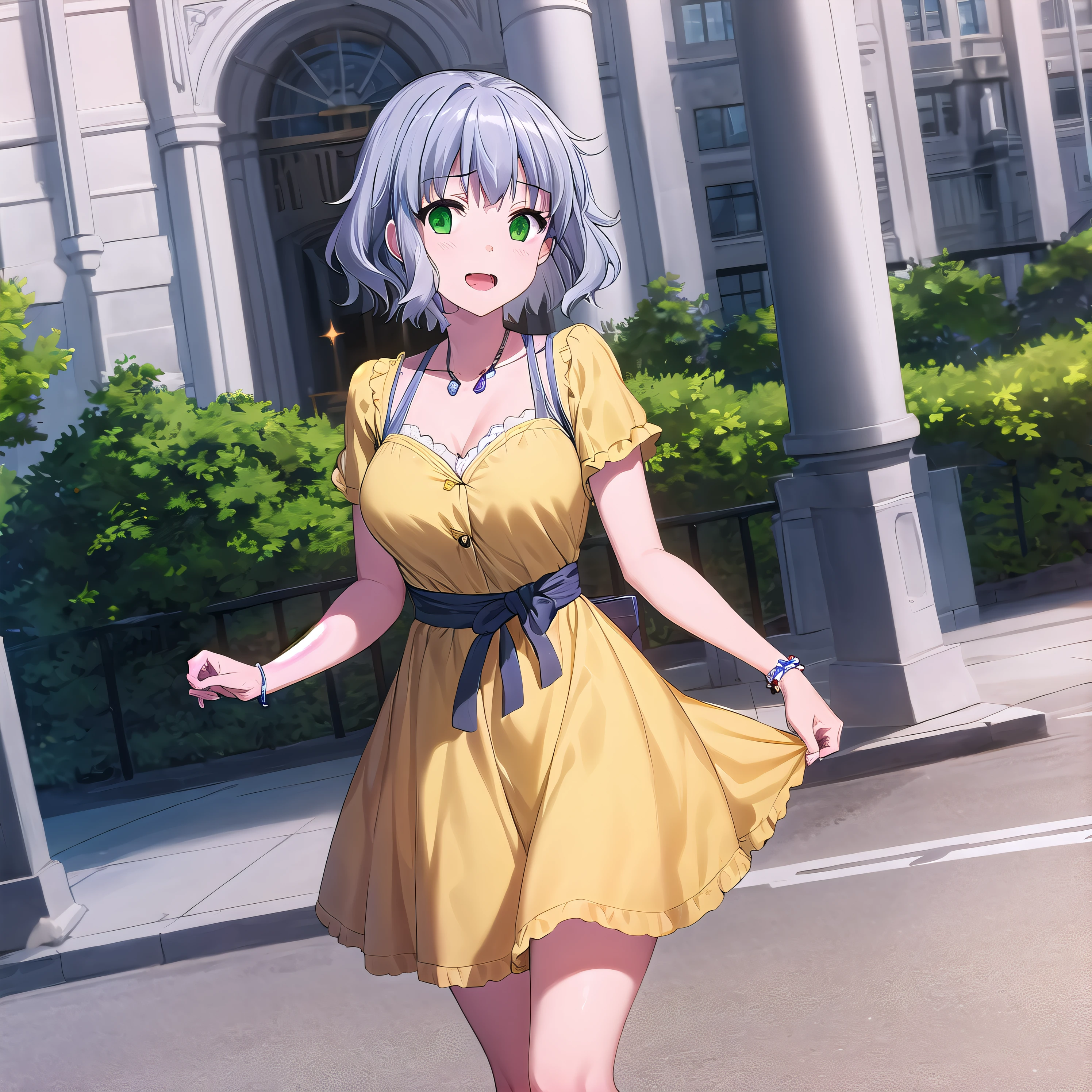 best quality, (masterpiece:1.2), highly detailed, outdoors, city, day,
1girl, solo, <lora:chara_AmagiBrilliantPark_Muse_v1:0.8>, muse, open mouth, slight smile, looking at the viewer,
grey hair, short hair, green eyes, yellow dress, yellow skirt