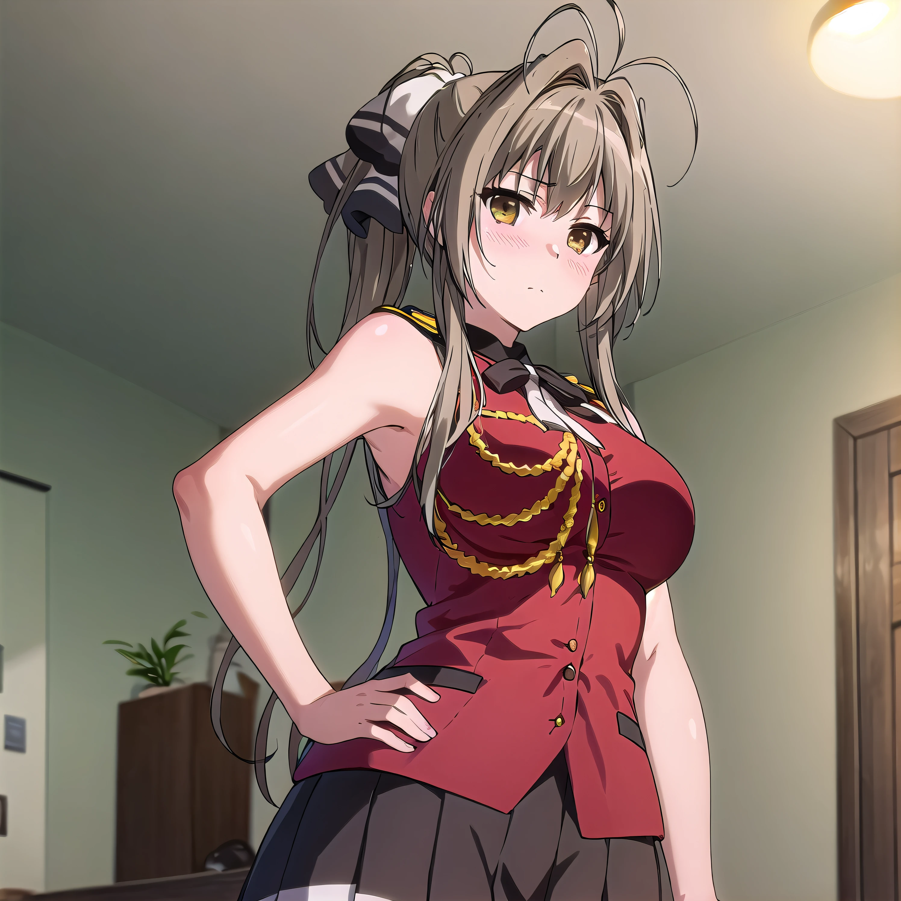 best quality, (masterpiece:1.2), highly detailed, indoors,
1girl, solo, <lora:chara_AmagiBrilliantPark_SentoIsuzu_v1:0.8>, sento isuzu, closed mouth, blush, looking at the viewer, hand on hip,
brown hair, long hair, antenna hair, ponytail, brown eyes, ribbon, aiguillette, sleeveless, pleated skirt, black skirt