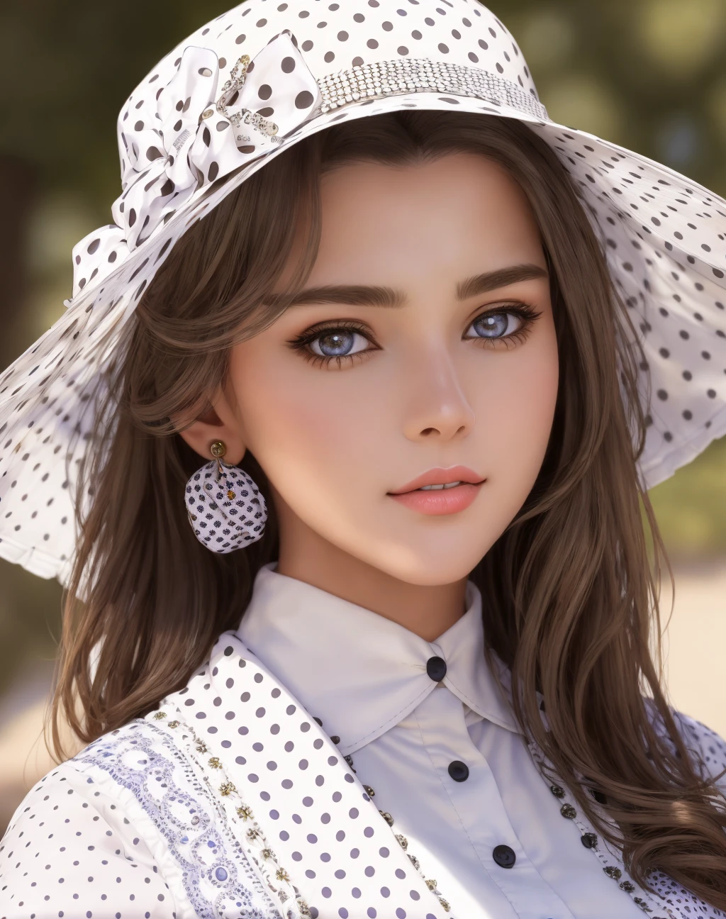 Masterpiece, absurdres, fine detail, HDR, highly detailed face and eyes, photorealistic,excited, <lora:m3d:0.85>, beautiful m3d_woman, a woman with a polka dot dress and a white hat , perfect m3d_body, perfact m3d_face