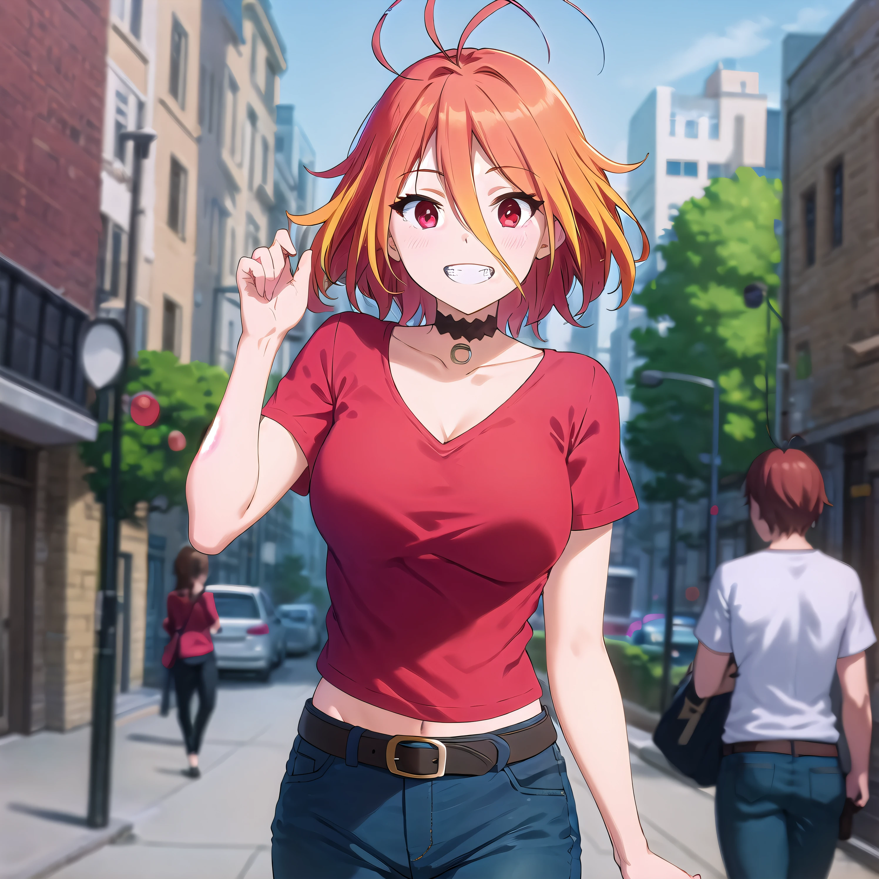 best quality, (masterpiece:1.2), highly detailed, day, city, street,
1girl, solo, <lora:chara_AmagiBrilliantPark_Salama_v1:0.8>, salama, smile, teeth, looking at the viewer, standing,
multicolored hair, orange hair, antenna hair, short hair, red eyes, red shirt, jeans, black choker, black belt, bellybutton