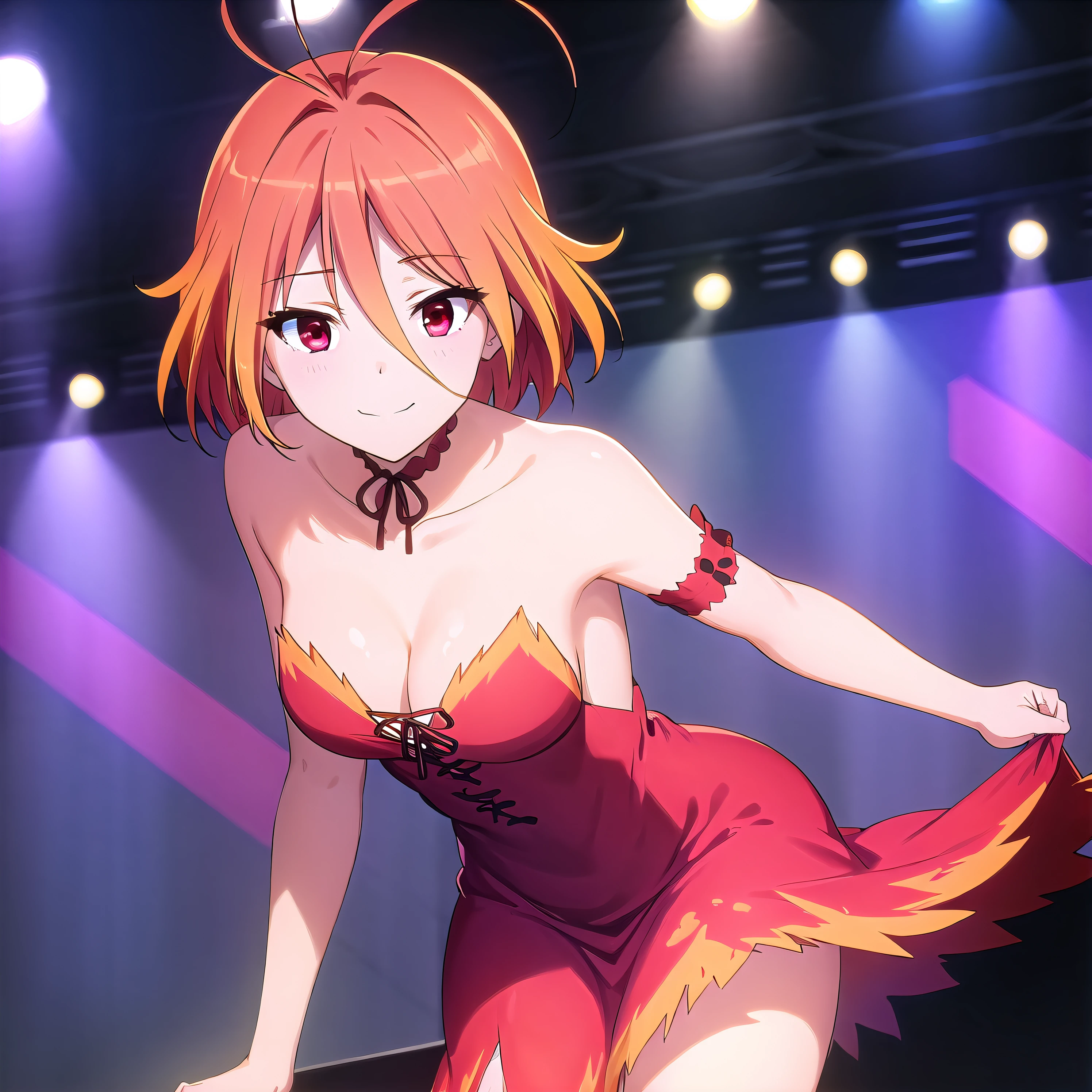 best quality, (masterpiece:1.2), highly detailed, stage,
1girl, solo, <lora:chara_AmagiBrilliantPark_Salama_v1:0.8>, salama, closed mouth, slight smile, looking at the viewer,
multicolored hair, orange hair, antenna hair, short hair, red eyes, red dress, strapless dress, choker