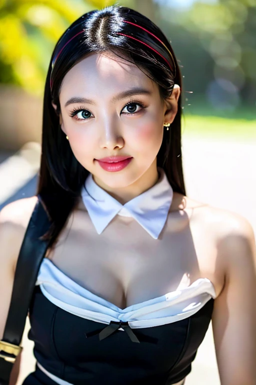 1girl, standing, shot from above, black stockings, full body shot , openpose, white blouse, black hair,simple diamond earrings,detailed skin, looking at viewer,solo , skirt, thighhighs, street, tree ,depth of field, highly detailed RAW photo, photorealistic, photo real, ultra high res,detailed shadow, best quality,(front lighting), (masterpiece), best quality, highest quality, extremely detailed CG unity 8k wallpaper, detailed and intricate, original,highres, extremely detailed and beautiful eyes, fingernails, (eyeliner:0.5), smile, (photorealistic:1.4), (ambient light:1.3),(cinematic composition:1.3),(neon lights:0.1),(HDR:0.1), Accent Lighting, (pantyshot:1.2) night view, UHD, 8k, high res, ((high detailed skin, skin details)),high quality, (8k, RAW photo, best quality, masterpiece:1.2), extremely detailed, photography, nikon RAW photo,8 k,Fujifilm XT3,masterpiece, best quality, 1girl,solo,realistic, photorealistic, 8k, Amazing, finely detailed, beautiful detailed eyes, best quality, ultra high res, bunnyunnie, twnayeon, <lora:Nayeon_10setps:1>