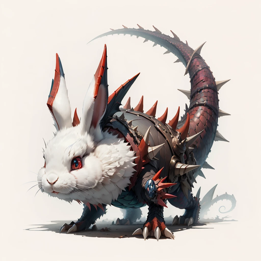 red eyes, <lora:DragonScaleAI:0.55> DragonScaleAI, (white rabbit:1.2), no background, concept art, ,fangs,