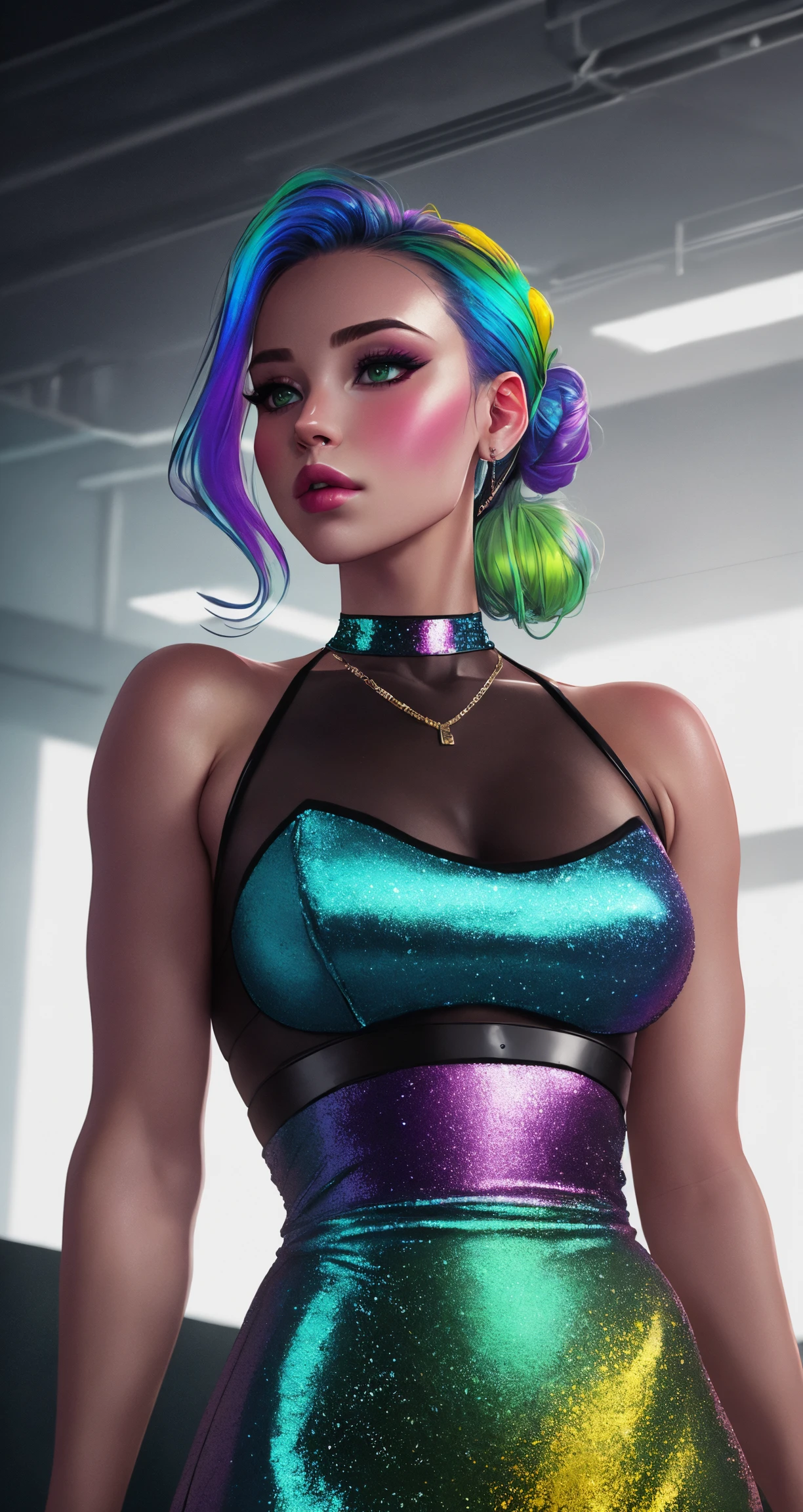 rainbow hair, wearing metallic iridescent dress,
young ([Jennifer Lawrence|Emma Watson]:0.9) round cute face,  sexy,
 green eyes, detailed clothes, skinny, shinny glossy skin, subsurface scattering,
(gothic:0.8), double bun, bangs, frills, skirt,
[(colorful explosion psychedelic paint colors:1.21)::0.2], (boorish:0.7),
(darkness:1.1), cyberpunk, award winning photo, extremely detailed, amazing, fine detail, absurdres,
nikon d850 film stock photograph kodak portra 400 camera f1.6 lens rich colors hyper realistic lifelike texture dramatic lighting unrealengine trending on artstation cinestill 800 tungsten, Style-Neeko