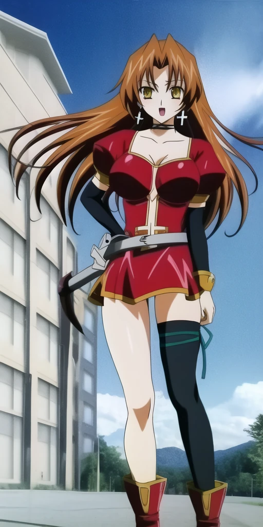 <lora:KGEclair:0.7>, KGEclair, yellow_eyes, large_breasts, EclairRedOutfit, cross_earrings, single_thighhigh, thighhighs