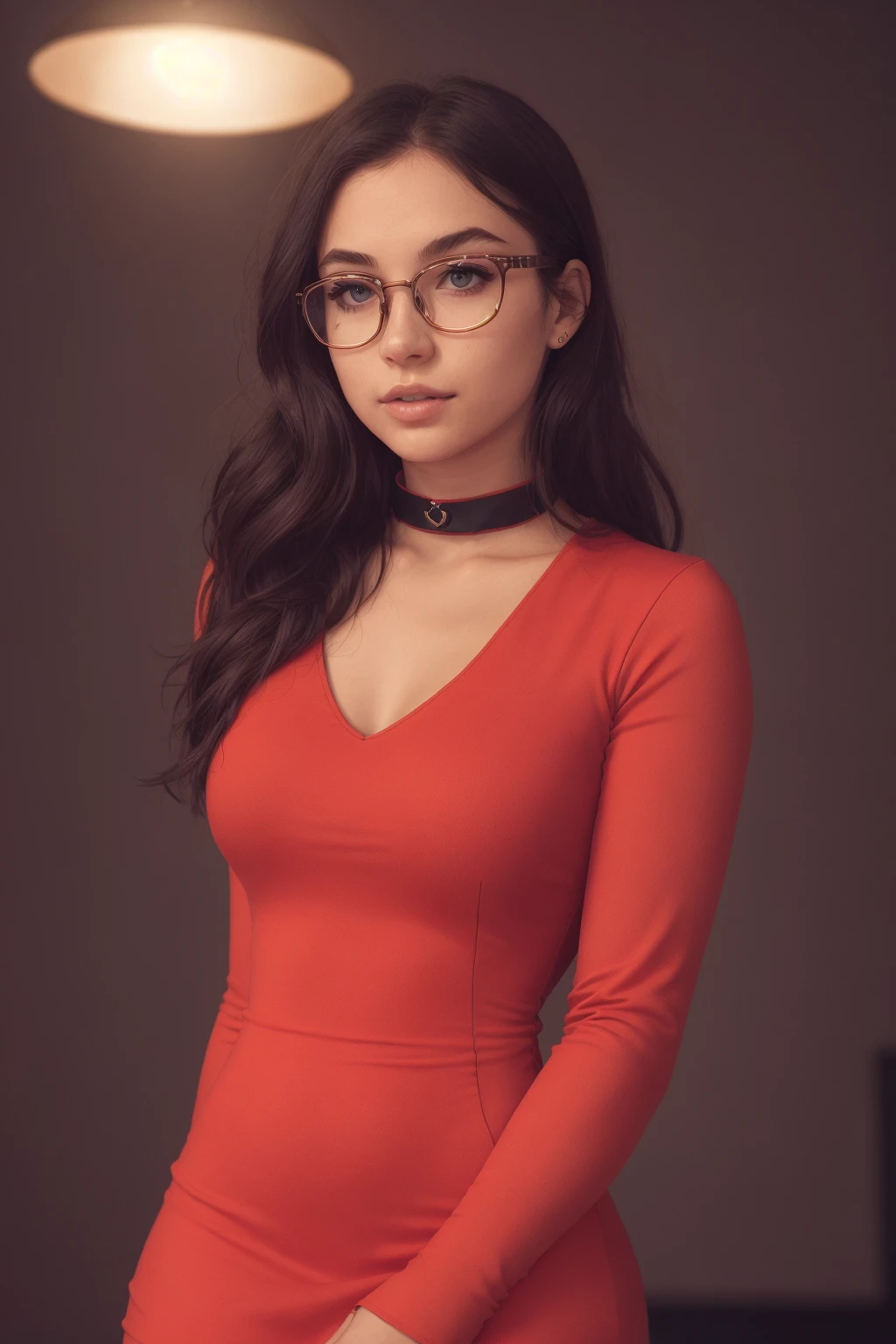 1girl, nerdy, choker minidress, highres, masterpiece, glasses, cinematic lighting, perfect skin, female, long vivid colorful hair, upper body, <lora:nerdy_fc_v1.0.safetensors:0.3>, <lora:choker_minidress_v1.0:0.5>