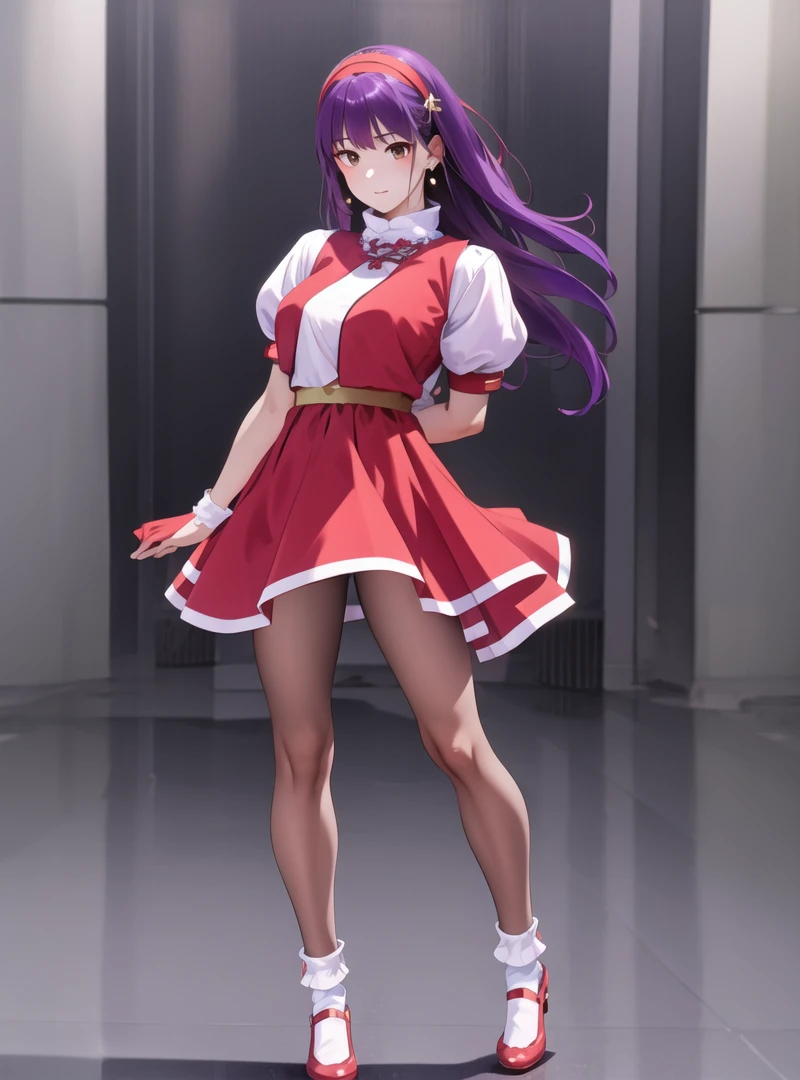 Beautiful face,best quality,highres, (1girl:1.3),solo,,purple hair, long hair, hairband, long hair, 
earrings, (red dress:0.9), puffy short sleeves, white sleeves, wristband,(standing:0.9),(spread legs quality:0.6),full body,  beautlful legs,  (black pantyhose:0.9),white socks,(necklace with 5 purple beads:0.5),  <lora:Athena97:0.9>