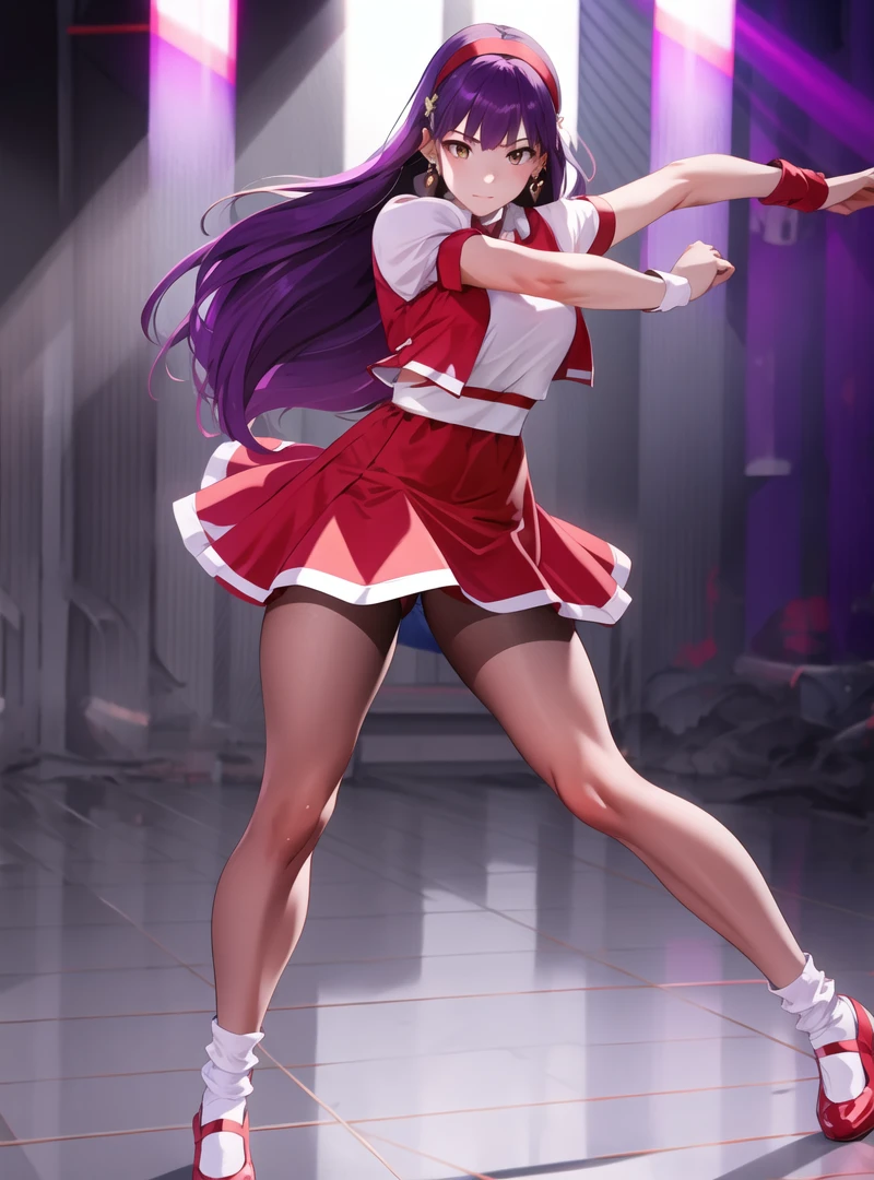 Beautiful face,best quality,highres, (1girl:1.3),solo,aa1,purple hair, long hair, hairband, long hair, 
earrings, (red dress:0.9), puffy short sleeves, white sleeves, wristband,(standing:0.9),(spread legs quality:0.6),full body,  beautlful legs,  (red pantyhose:0.9),white socks,(necklace with 5 purple beads:0.5) , <lora:Athena97:0.9>