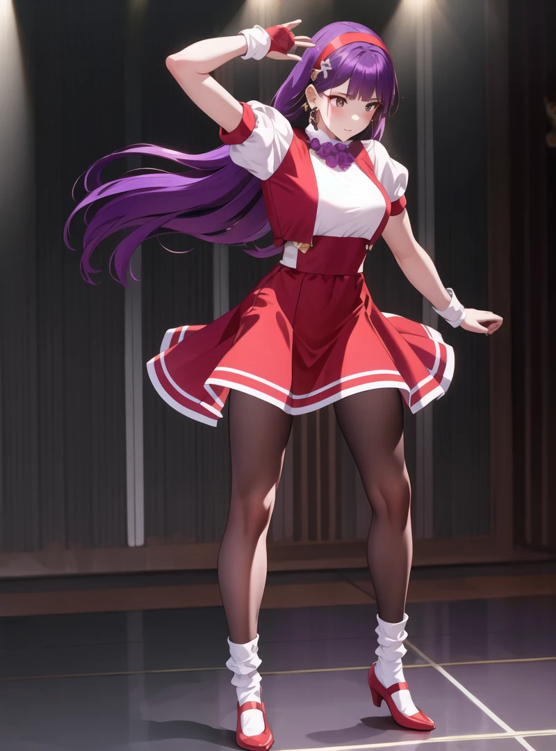 Beautiful face,best quality,highres, (1girl:1.3),solo,,purple hair, long hair, hairband, long hair, 
earrings, (red dress:0.9), puffy short sleeves, white sleeves, wristband,(standing:0.9),(spread legs quality:0.6),full body,  beautlful legs,  (black pantyhose:0.9),white socks,(necklace with 5 purple beads:0.5),  <lora:Athena97:0.8>