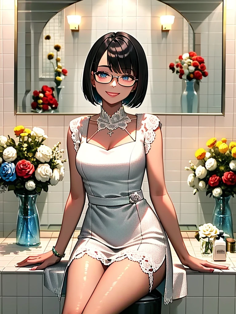 masterpiece, best quality, ultra-detailed, illustration
soapland, 1girl, glasses, black hair,  solo,  short hair, sitting, flower, rose, smile, crossed legs, dress, white dress, indoors, looking at viewer, bathtub, sink, tiles, tile wall, 
<lora:SOAPLAND_V2-000008:1:XYZ>