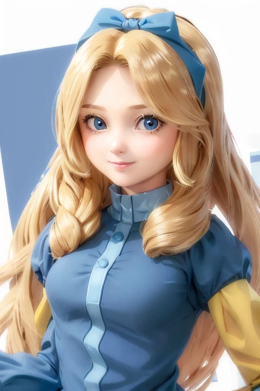 1girl, maria_robotnik, long hair, blonde hair, parted bangs, blue hairband, blue eyes, shirt, dress, smile, look at viewer <lora:maria_robotnik-v1:0.6>