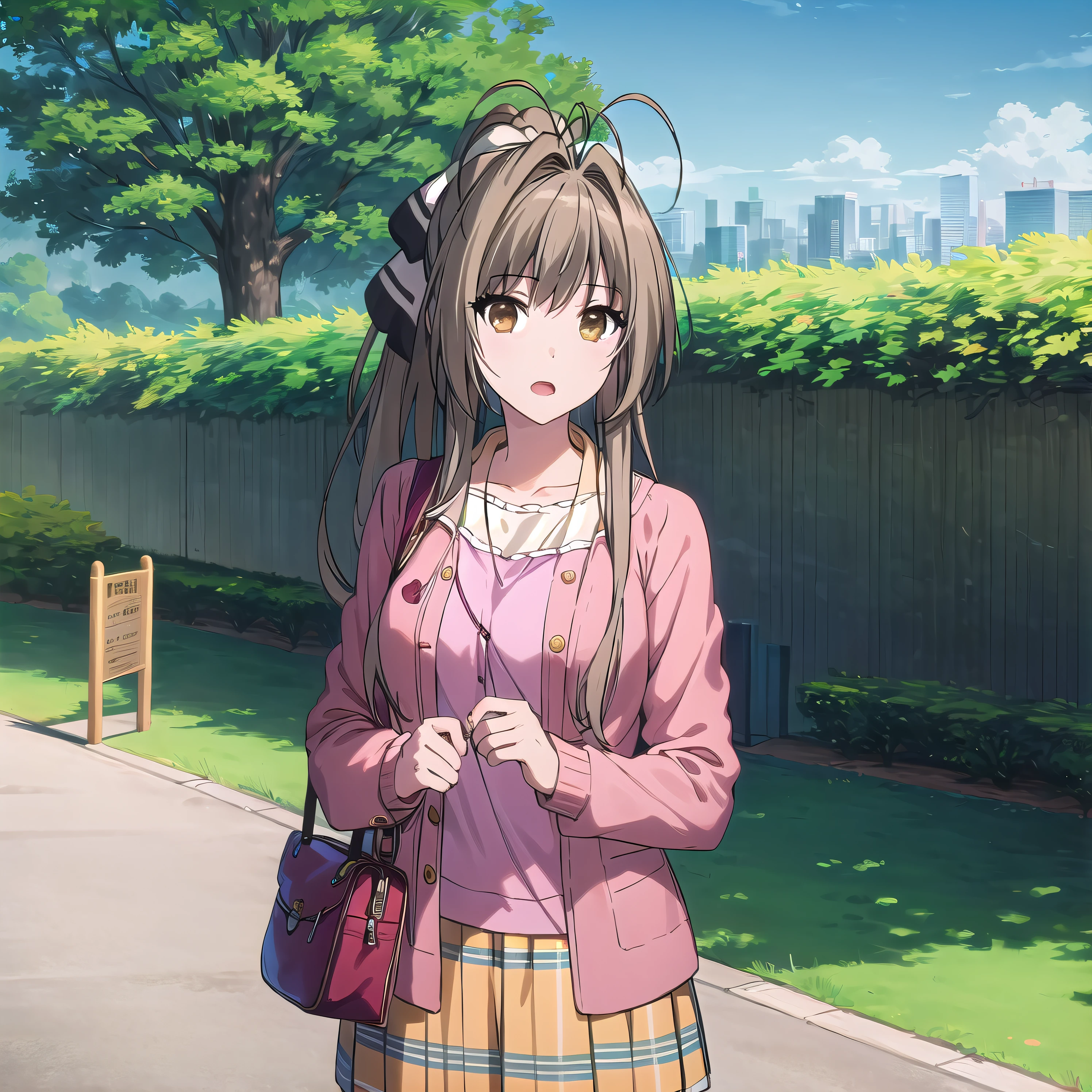 best quality, (masterpiece:1.2), highly detailed, day, outdoors, park,
1girl, solo, <lora:chara_AmagiBrilliantPark_SentoIsuzu_v1:0.8>, sento isuzu, open mouth, looking at the viewer,
brown hair, long hair, antenna hair, ponytail, brown eyes, pink jacket, open jacket, orange skirt, skirt