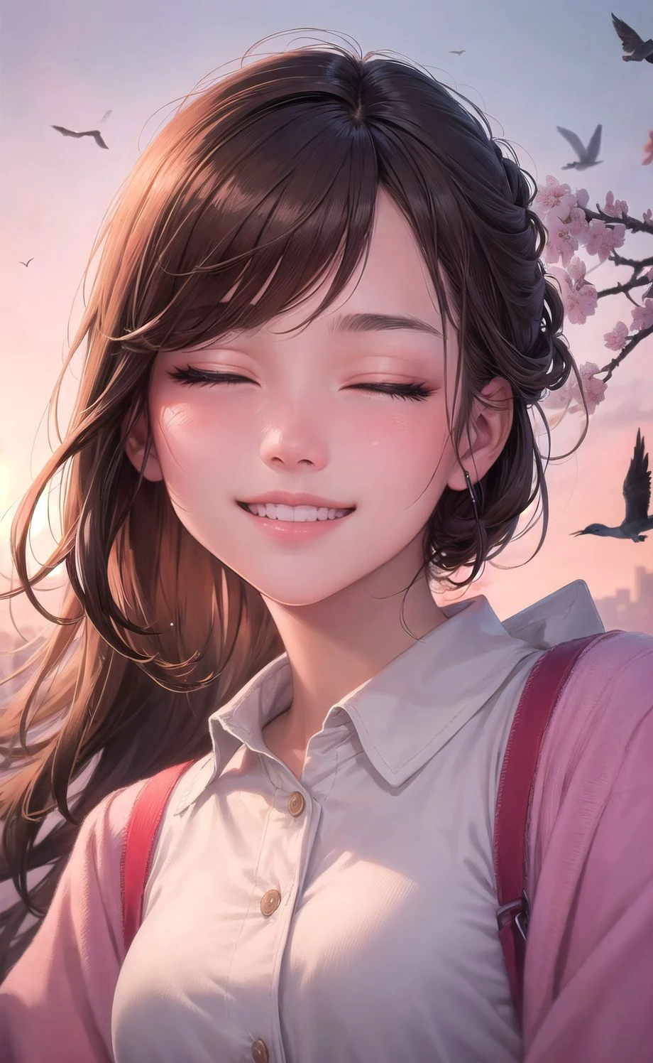 Masterpiece:1.2, high quality, best quality, high resolution, detailed, hyper realistic, 1girl, medium brown hair, blue eyes, head tilt, sunset, birds flying, cherry blossom, Portrait, closed eyes, smile, showing teeth,  (detailed face), ((sharp focus)), ((face)), upper_body