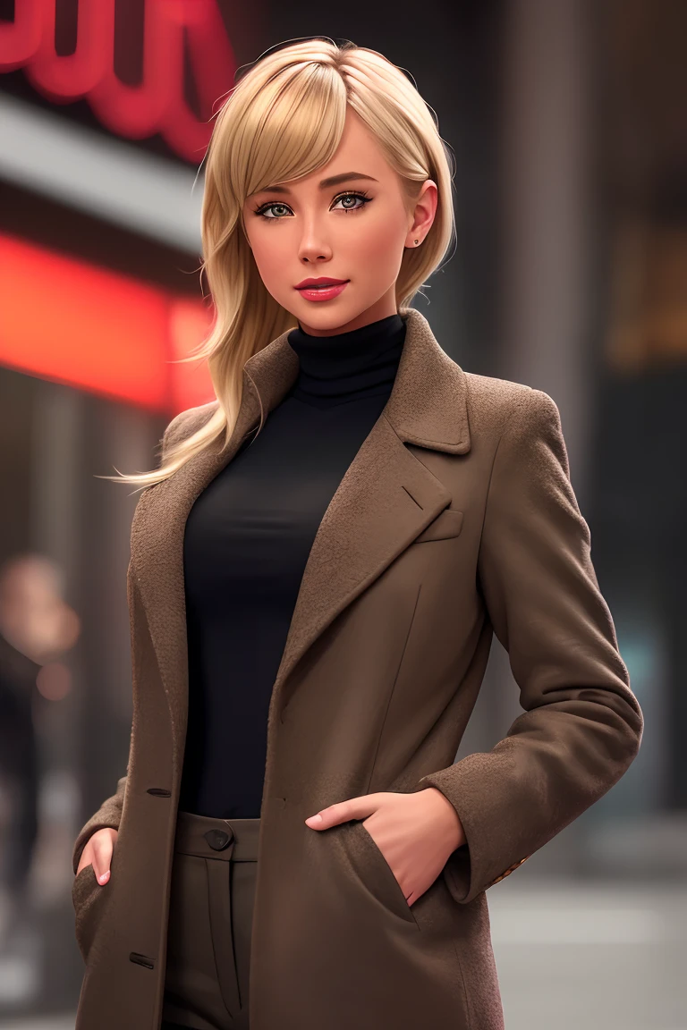 photo of sexy (s4u700:0.99), a woman as a movie star, modelshoot style, (extremely detailed CG unity 8k wallpaper), photo of the most beautiful artwork in the world, professional majestic oil painting by Ed Blinkey, Atey Ghailan, Studio Ghibli, by Jeremy Mann, Greg Manchess, Antonio Moro, trending on ArtStation, trending on CGSociety, Intricate, High Detail, Sharp focus, dramatic, photorealistic painting art by midjourney and greg rutkowski, (long brown coat:1.1), (turtleneck:1.1), (trousers), ((movie premiere)), ((standing on the red carpet)), ((paparazzi in the background)), (looking at viewer), (detailed pupils:1.3), (modern outfit:1.2), ((closeup:1.2)), (red lips), (short hair:1.1)