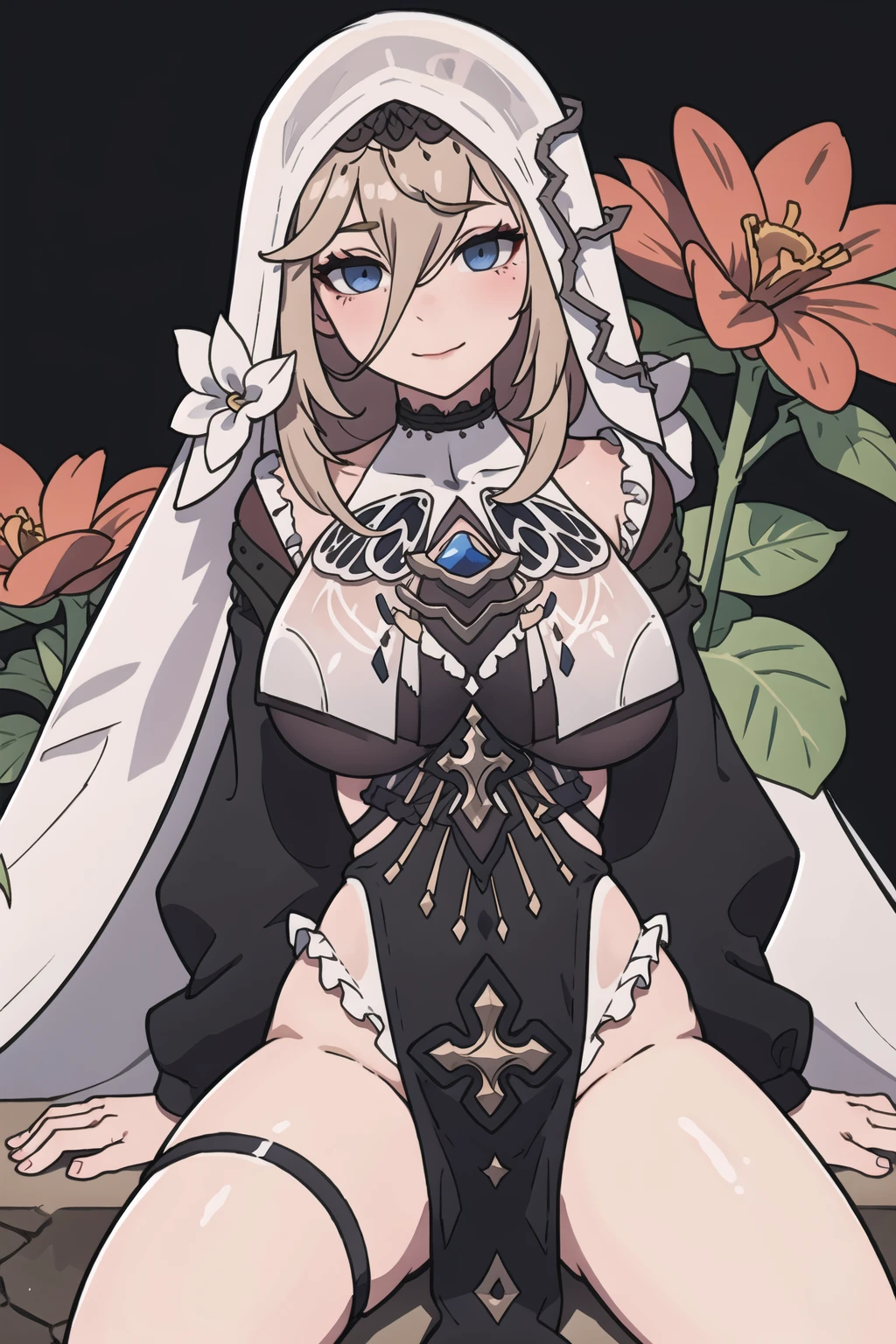 masterpiece, best quality, detailed background, detailed face, (mature female:1.2), aponia_outfit, 1girl, solo, breasts, large breasts, looking at viewer, blush, closed mouth, thighs, spread legs, smile, flower, black background, sitting, nun, veil, black dress, breast curtains, detached sleeves, long sleeves, frills, pelvic curtain, sideless outfit, thigh strap