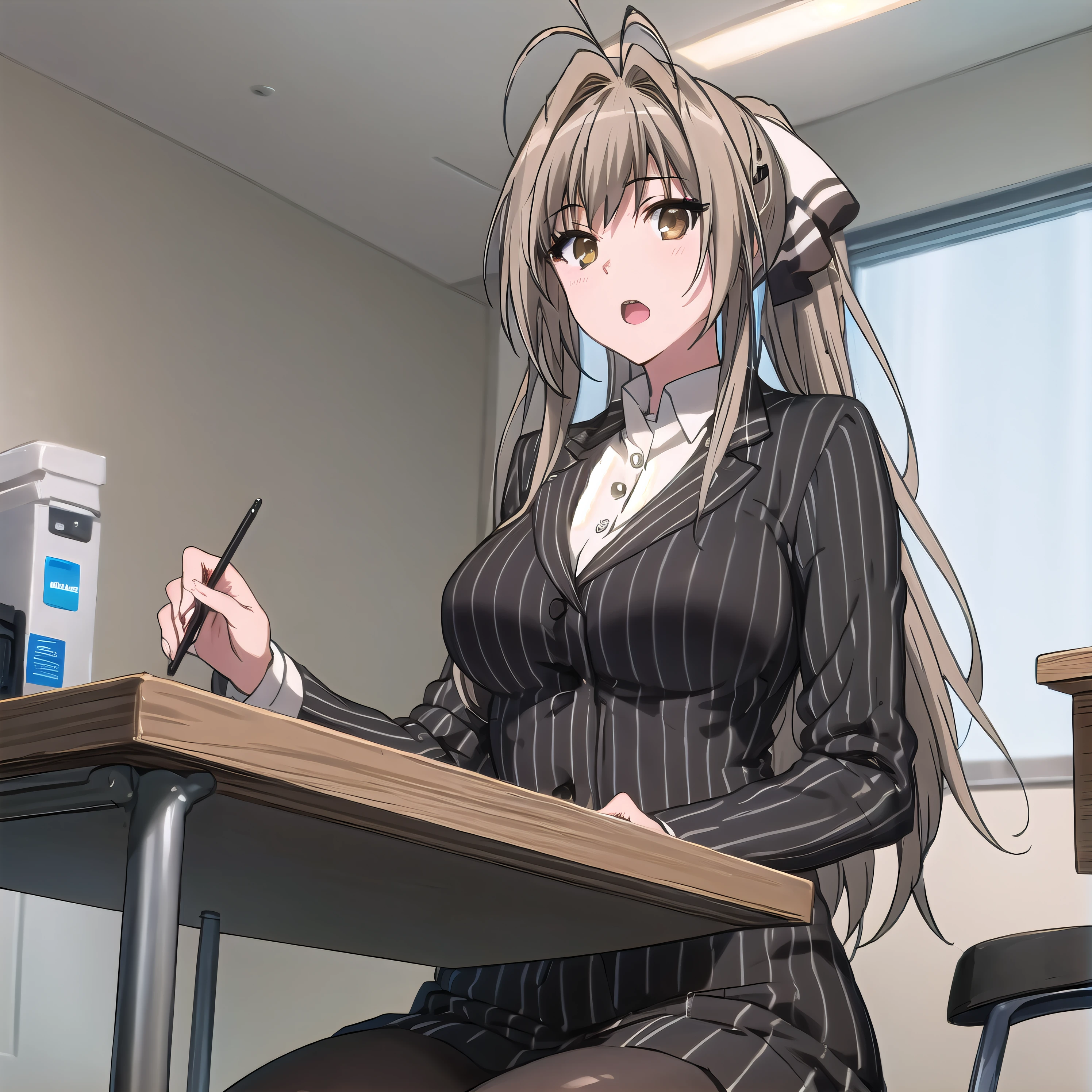 best quality, (masterpiece:1.2), highly detailed, indoors, office, desk,
1girl, solo, <lora:chara_AmagiBrilliantPark_SentoIsuzu_v1:0.8>, sento isuzu, open mouth, looking at the viewer,
brown hair, long hair, antenna hair, ponytail, brown eyes, pinstripe suit, skirt suit, pantyhose