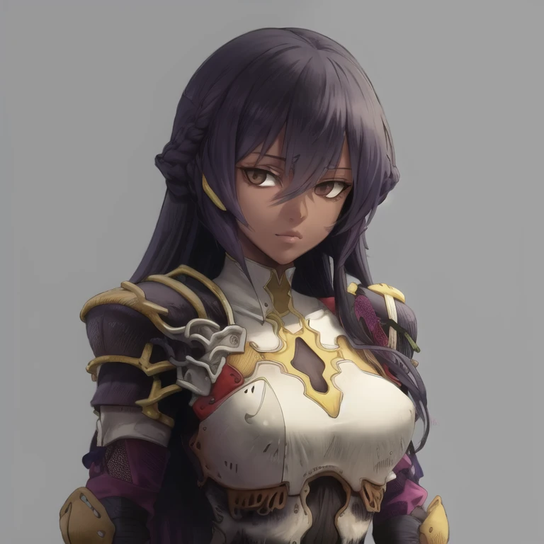 Headshot, 1girl, perfect_face, dark_skin, dark-skinned_female, armor, transparent_background, breastplate, breasts, black_hair, long_hair, looking_at_viewer, shoulder_armor, solo, transparent_background, (Masterpiece, Best Quality:1.2), <lora:KnightsInTheKnightmare-10:0.8>
