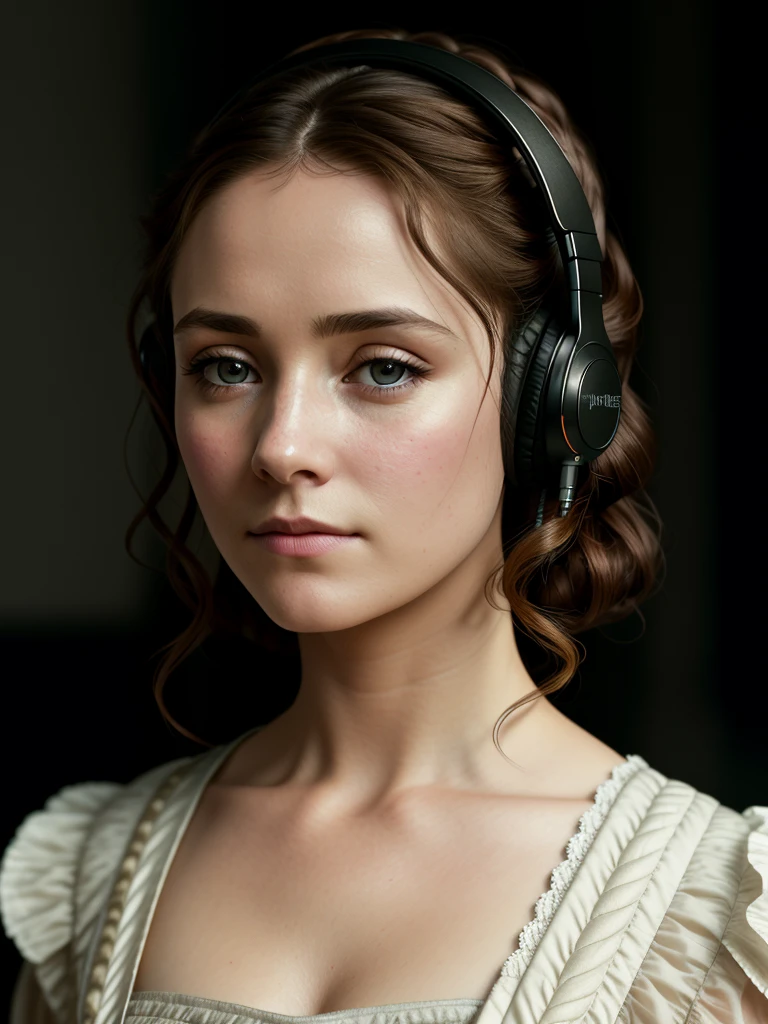 Jane Eyre with headphones, natural skin texture, 24mm, 4k textures, soft cinematic light, adobe lightroom, photolab, hdr, intricate, elegant, highly detailed, sharp focus, ((((cinematic look)))), soothing tones, insane details, intricate details, hyperdetailed, low contrast, soft cinematic light, dim colors, exposure blend, hdr, faded