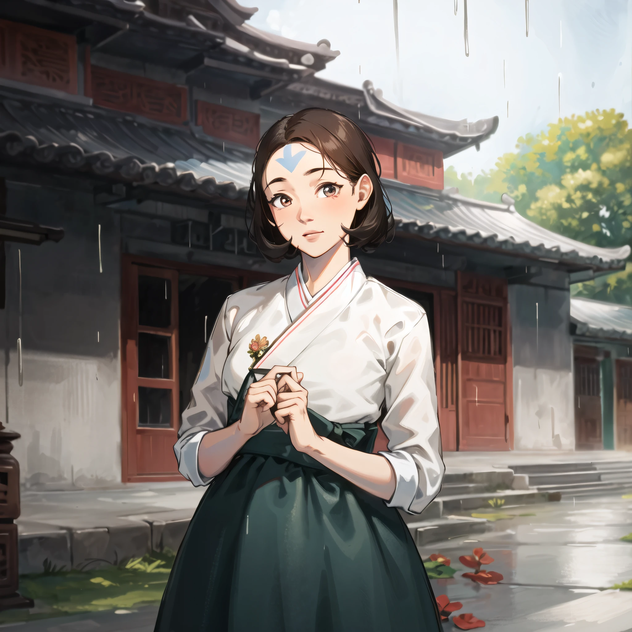 (rainy temple, gorgeous view)
(cowboy shot), sfw, (masterpiece), (best quality:1.0), (ultra highres:1.0), detailed eyes, detailed clothing texture, beautiful face, Jinora posing, hanbok
blue-arrow forehead tattoo
<lora:Jinora_TLOK_V2:0.6>, <lora:korean, hanbok:0.6>