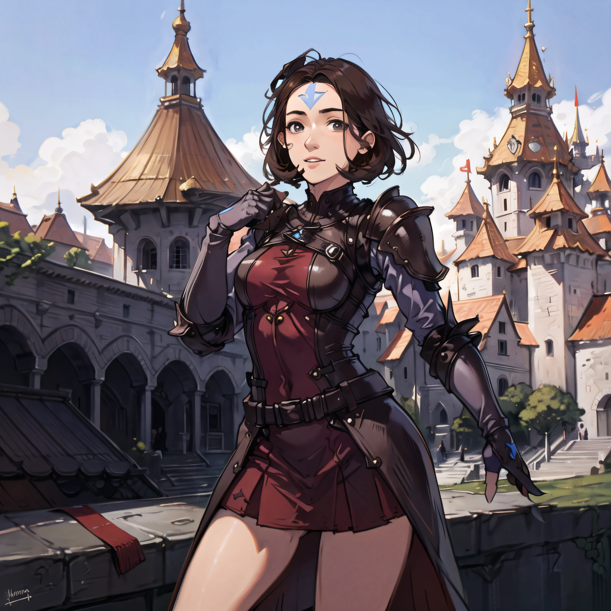 (castle, gorgeous view)
(cowboy shot), sfw, (masterpiece), (best quality:1.0), (ultra highres:1.0), detailed eyes, detailed clothing texture, beautiful face, Jinora posing, royal knight armor, holding helmet
(blue-arrow forehead tattoo)
<lora:Jinora_TLOK_V2:0.6>, <lora:ff14 mogi yuusuke:0.8>