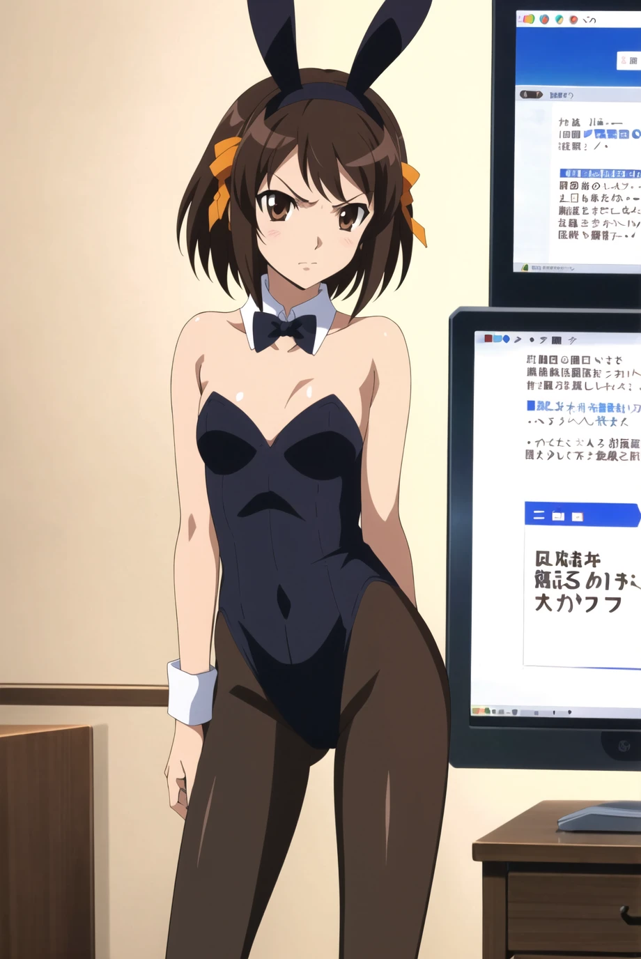 Koizumi hanayo, playboy bunny,glasses , standing , cowboy shot , smile