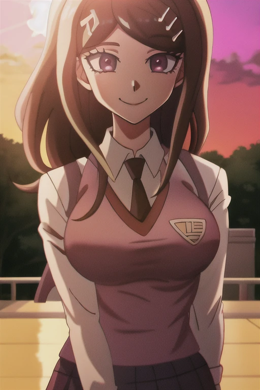 masterpiece, best quality, absurdres, 1girl, KaedeDG, medium large breasts, <lora:akamatsuKaede_v10:0.8>, necktie, sweater vest, shirt, long sleeves, beamed eighth notes, white shirt, collared shirt, school uniform, skirt, backpack, outdoors, dramatic lighting, sunset, <lora:danganronpa3_despair_arc:0.65>, portrait, upper body, smile