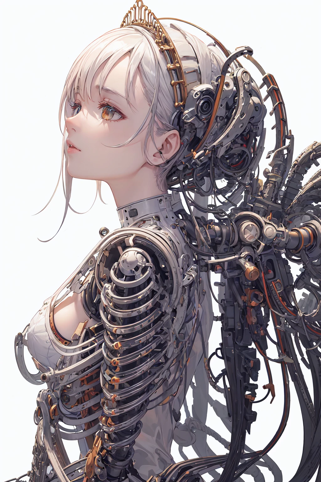 (((masterpiece))), (((best quality))), ((ultra-detailed)), (highly detailed CG illustration), ((an extremely delicate and beautiful)),(from side),cinematic light,((1mechanical girl)),solo,full body,(machine made joints:1.2),((machanical limbs)),(blood vessels connected to tubes),(mechanical vertebra attaching to back),((mechanical cervial attaching to neck)),(sitting),expressionless,(wires and cables attaching to neck:1.2),(wires and cables on head:1.2)(character focus),science fiction,white background, extreme detailed,colorful,highest detailed