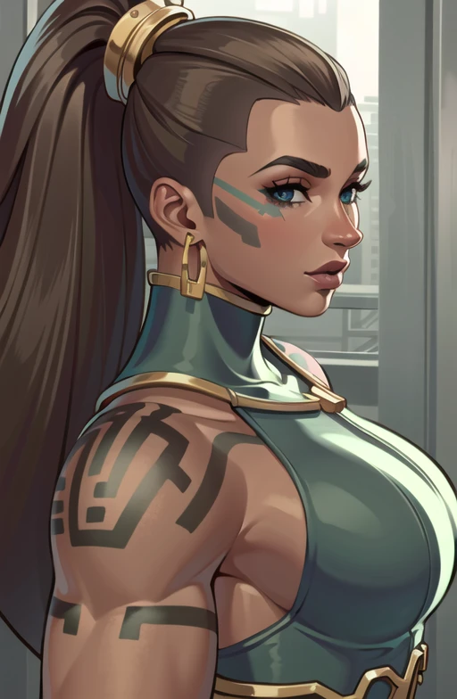 beautiful, ((masterpiece:1.2)), ((best quality:1.2)), extremely detailed face,  perfect eyes, perfect face, perfect lighting, 1girl, solo focus, lips, illaoi, muscular female, ponytail, dark skinned female, brown hair, blue eyes, tattoos, <lora:OttoCubze:0.75>,   <lora:illaoiLeagueOf_v10:0.7>