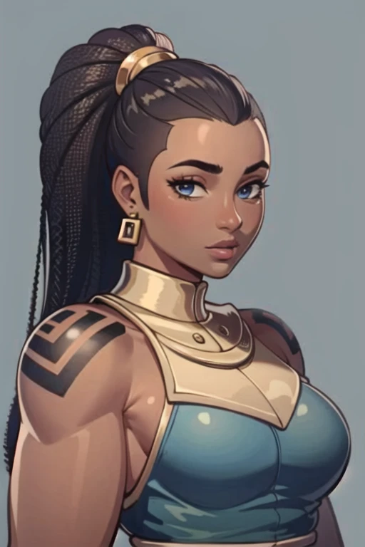 beautiful, ((masterpiece:1.2)), ((best quality:1.2)), perfect eyes, perfect face, perfect lighting, 1girl, solo focus, illaoi, muscular female, ponytail, dark skinned female, brown hair, blue eyes, tattoos,  <lora:MARE:0.75>, <lora:illaoiLeagueOf_v10:0.7> , simple details,