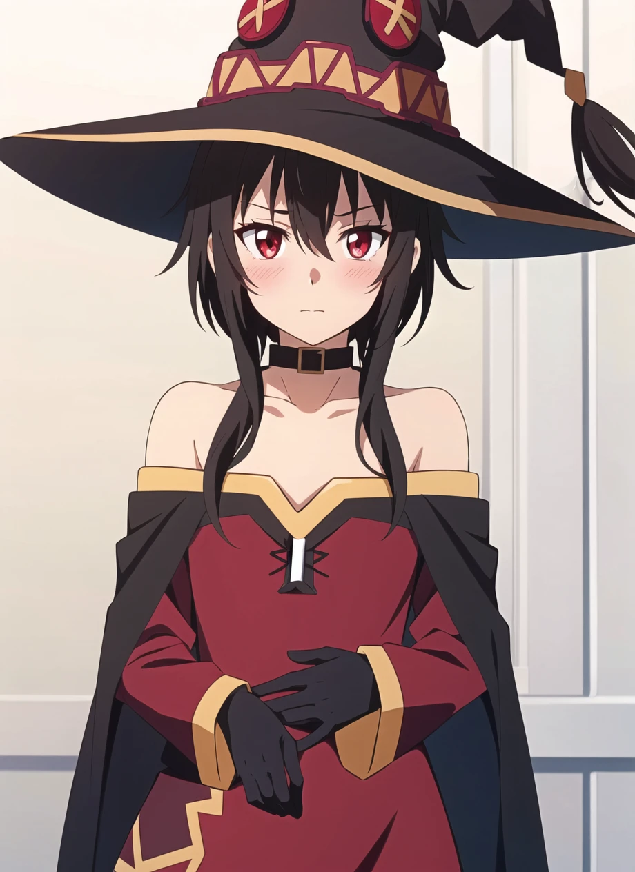 <lora:animemix_v3_offset:1> , megumin, 1girl, bare shoulders, black cape, black gloves, black hair, blush, cape, choker, collarbone, dress, hair between eyes, hat, long sleeves, looking at viewer, medium hair, off-shoulder dress, off shoulder, red dress, red eyes, sidelocks, solo, witch hat, ((masterpiece))