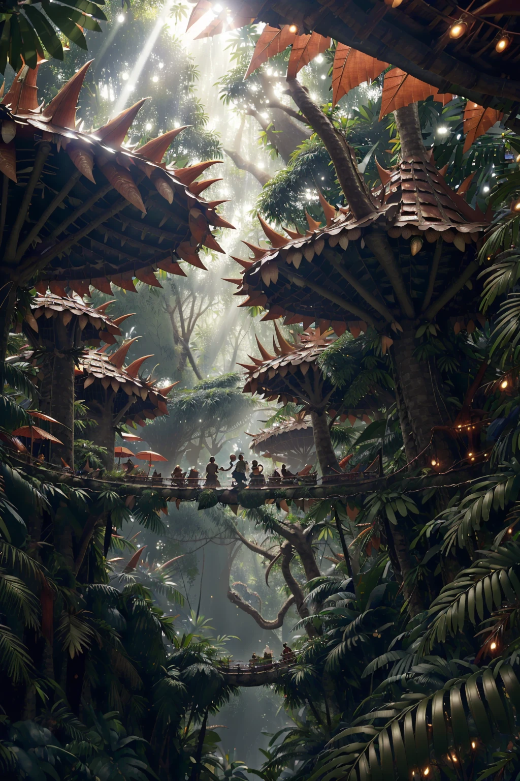 (best quality, highres, sharp focus, cinematic lighting, light rays through the canopy), <lora:DragonScaleAIV3:1>,
Long shot, people in a tribal tree village connected by hanging DragonScaleAI bridges, set in a steamy jungle landscape full of multiple exotic green and red DragonScaleAI plants.