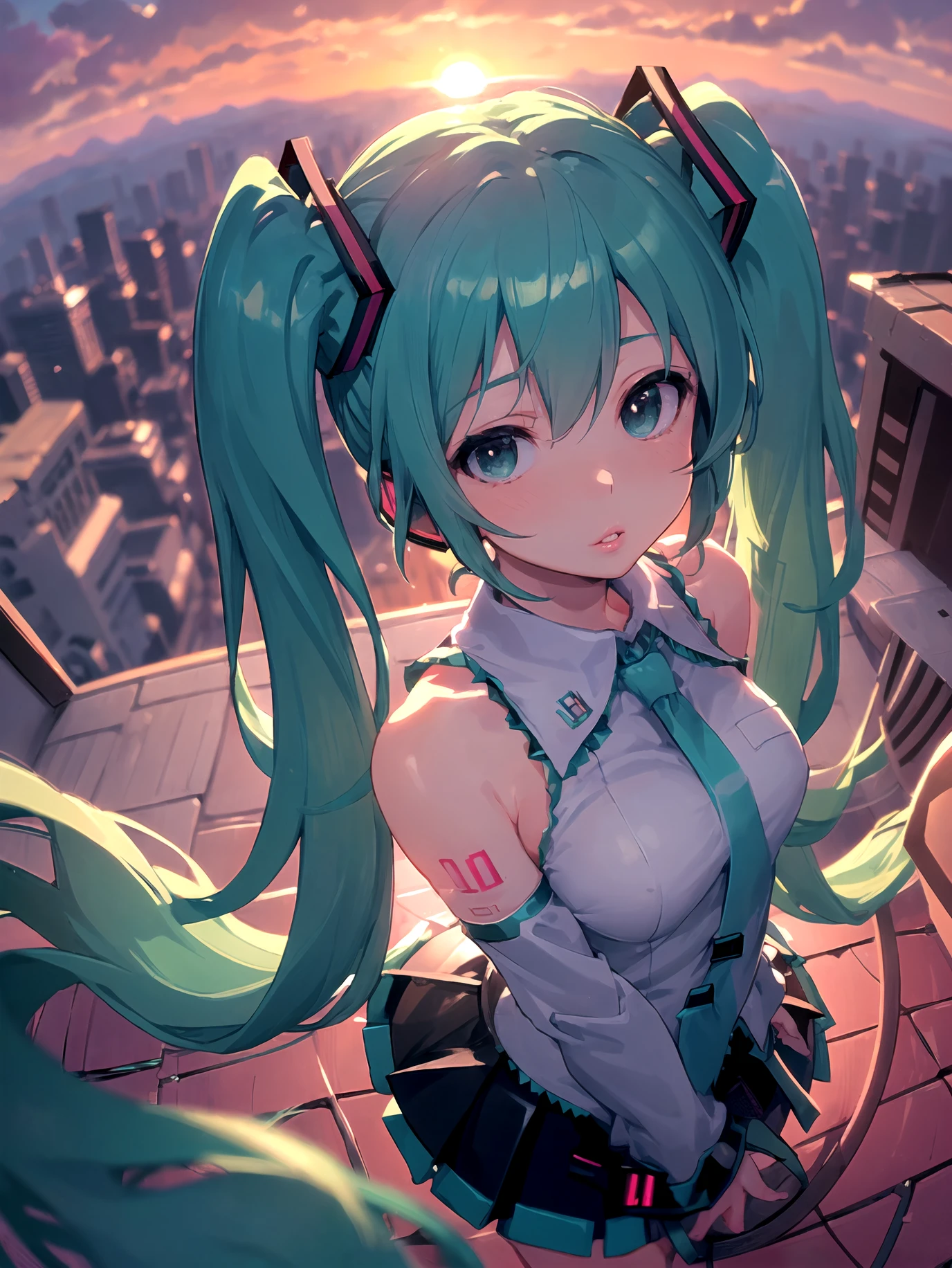 ((masterpiece))((sfw))
(best_quality)
(fisheye) (from_above)
(blurry_background) (depth_of_field)
(caustics)
(outdoors) (rooftop) (sunset) (backlighting) (sunlight)
                                 <lora:ainoku_HatsuneMiku:0.3>
(Hatsune Miku) (twintails)
(parted_lips)