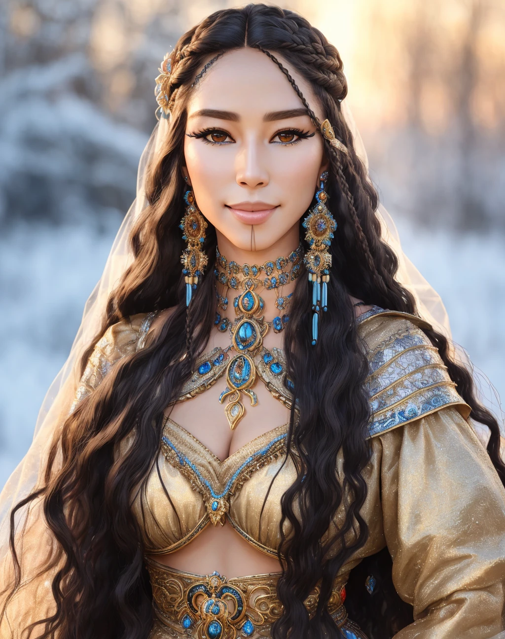 Masterpiece, absurdres, fine detail, HDR, highly detailed face and eyes, photorealistic,smiling,,beautiful qcd_woman, a woman with a very long hair and a very pretty dress ,perfect qcd_face, perfect qcd_body, face tattoo, ((brown skin))<lora:qcd:0.75>