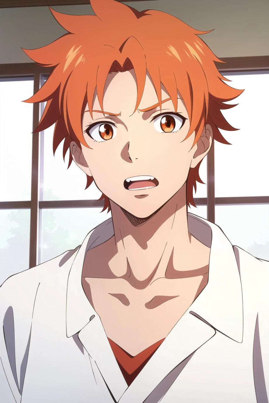 <lora:animemix_v3_offset:1> anime screencap, 1990s_\(style\), 1boy, collarbone, looking at viewer, male focus, open mouth, orange eyes, orange hair, solo, spiked hair, spot color, teeth, upper body, upper teeth only, ((masterpiece))