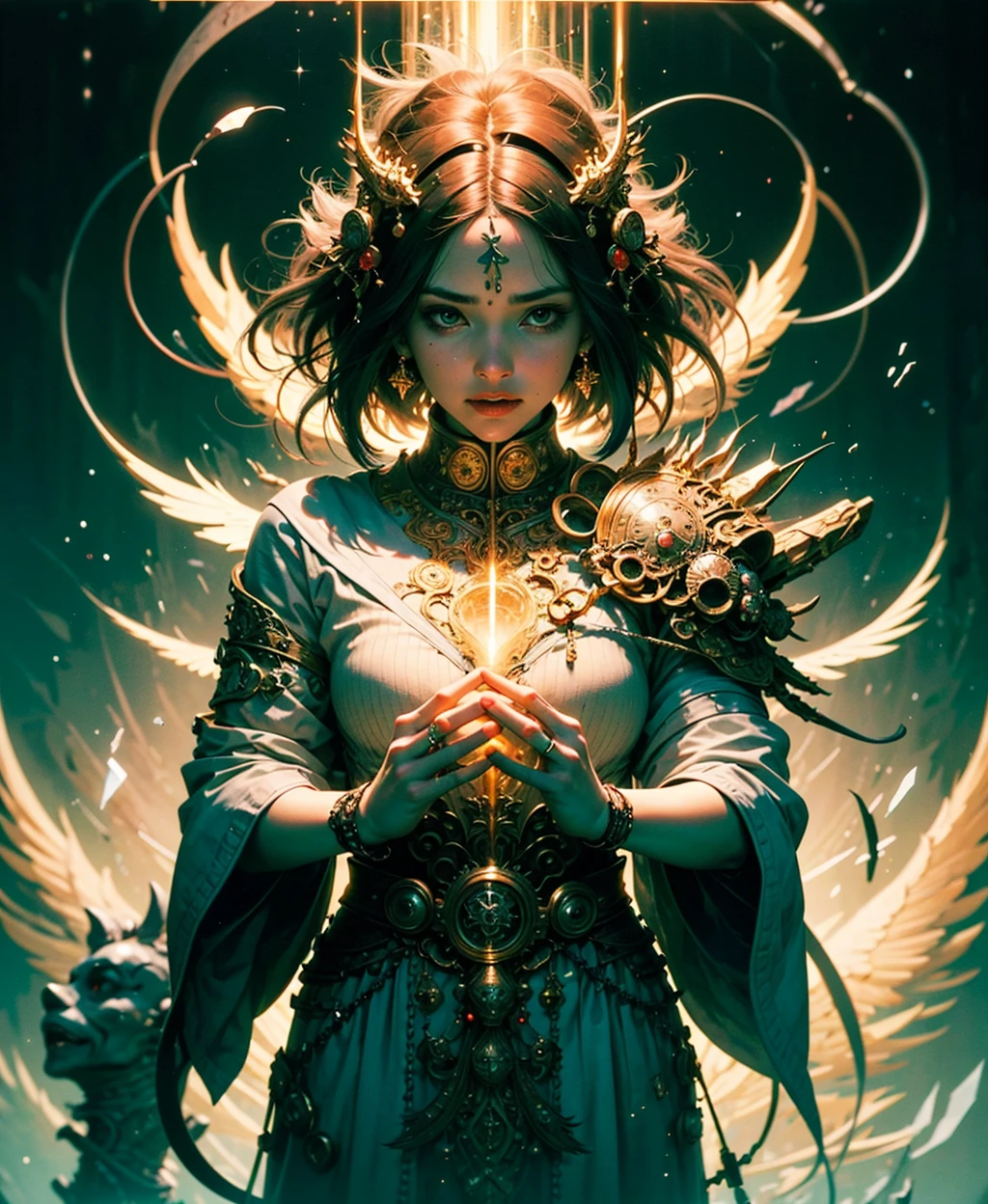 (masterpiece), (best quality:1.4), absurdres, [:intricate details:0.2], 1girl, Flowing robes, intricate magical circles, glowing runes, shimmering aura, intense focus, arcane incantations, crackling energy, levitating artifacts, ethereal staff, flickering candles, swirling mist, sparkling motes, mystical crystals, glowing sigils, intricate hand movements, otherworldly chanting, mysterious symbols, powerful invocation, transcendent awareness,