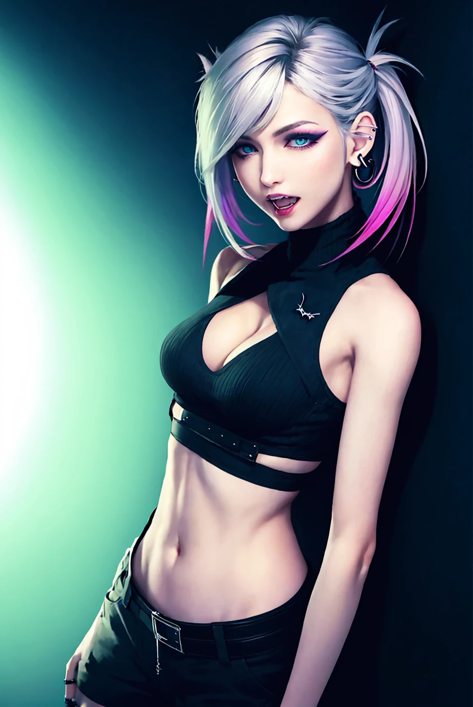 ff7r style,
nanakusa nazuna, 1girl, bangs, black background, black jacket, black shirt, black shorts, blue eyes, blunt bangs, breasts, cleavage cutout, clothing cutout, crop top, eyeshadow, fangs, gradient hair, grey hair, hair rings, jacket, light purple hair, looking at viewer, makeup, multicolored hair, navel, open mouth, red eyeshadow, shirt, shorts, sleeveless, sleeveless turtleneck, sleeveless turtleneck crop top, small breasts, solo, stomach, turtleneck, turtleneck crop top, two-tone hair, vampire <lora:nanakusa_nazuna_offset:0.6>
<lora:ff7r_style_ned_offset:1>