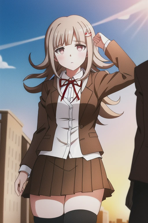 masterpiece, best quality, absurdres,1girl, nanami chiaki, brown hair, pink eyes, solo, solo focus, hairclip, hair ornament, jacket, school uniform, black thighhighs, long sleeves, red ribbon, hoodie, miniskirt, open jacket, brown skirt, brown jacket, pleated skirt, parted lips, portrait, cowboy shot, (backlighting), school, outdoors, dramatic angle, looking at viewer, (expressionless), dramatic lighting, sunset,  <lora:danganronpa3_despair_arc:0.65>