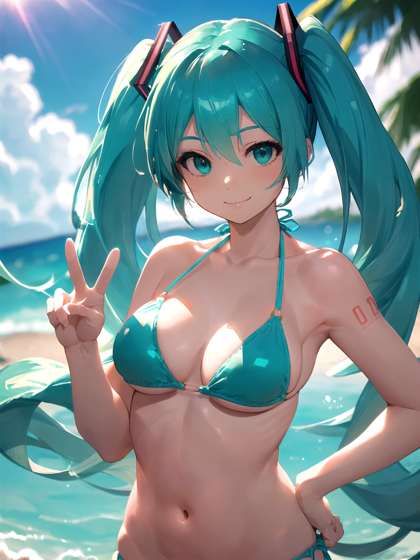 ((masterpiece))((sfw))
(best_quality)
(fisheye)
(blurry_background) (depth_of_field)
(caustics)
(outdoors) (beach)(backlighting) (sunlight)
                                 <lora:ainoku_HatsuneMiku:0.3>
(Hatsune Miku) (twintails)
(medium_breasts) (skindentation)
(light_smile)
(turquoise_bikini:1.4)
                                 <lora:lora-dim8-peace-v0-2_sd-1-5:0.5>
(peace_sign) (hand_on_hip)