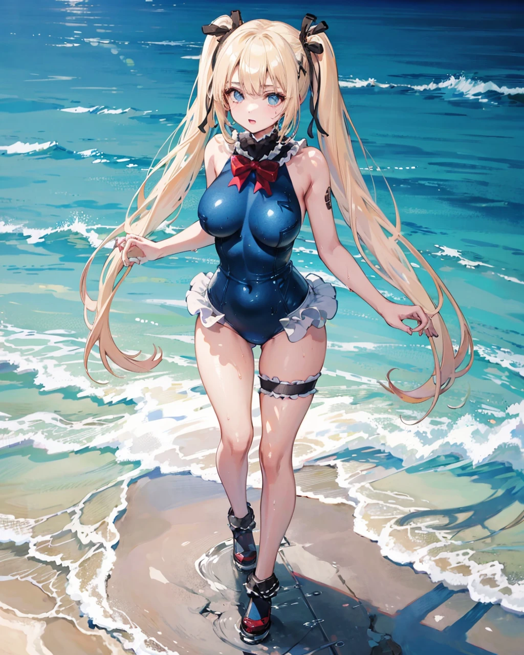 1girl,solo,large breasts, marierose,blue one-piece swimsuit, standing,full body, 
water,sand,sea,wet, <lora:MarieroseV1:1>,