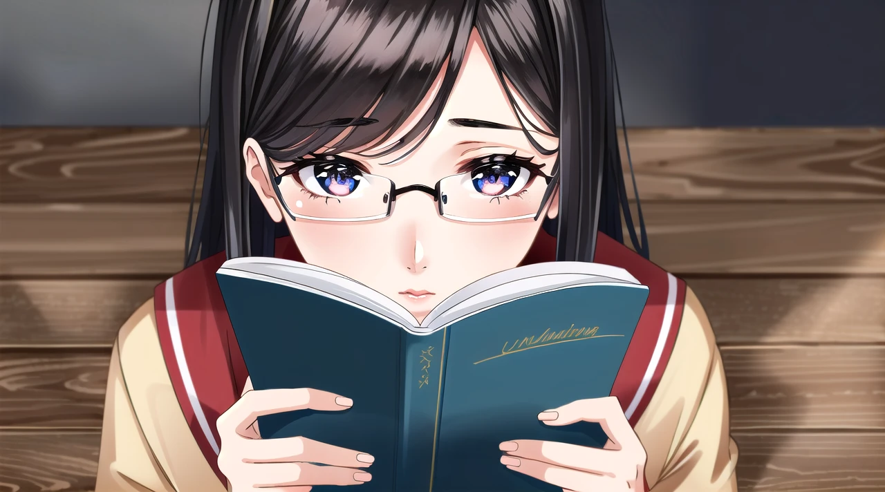 amazing illustration, masterpiece, best quality, absurdres, absurdrez, 8K, UHD, HDR, high detail, ultra detail, intricate detail, supreme detail, pureerosface_v1, highly detailed facial features, BREAK, nerdy, female college student, glasses, sitting at a table, reading a book, studying,