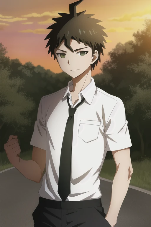 masterpiece, best quality, absurdres, 1boy, hinata hajime, black hair, ahoge, white shirt, short sleeves, collared shirt, breast pocket, black pants, green necktie, outdoors, dramatic lighting, sunset, <lora:danganronpa3_despair_arc:0.65>, portrait, cowboy shot, slight smile, calm