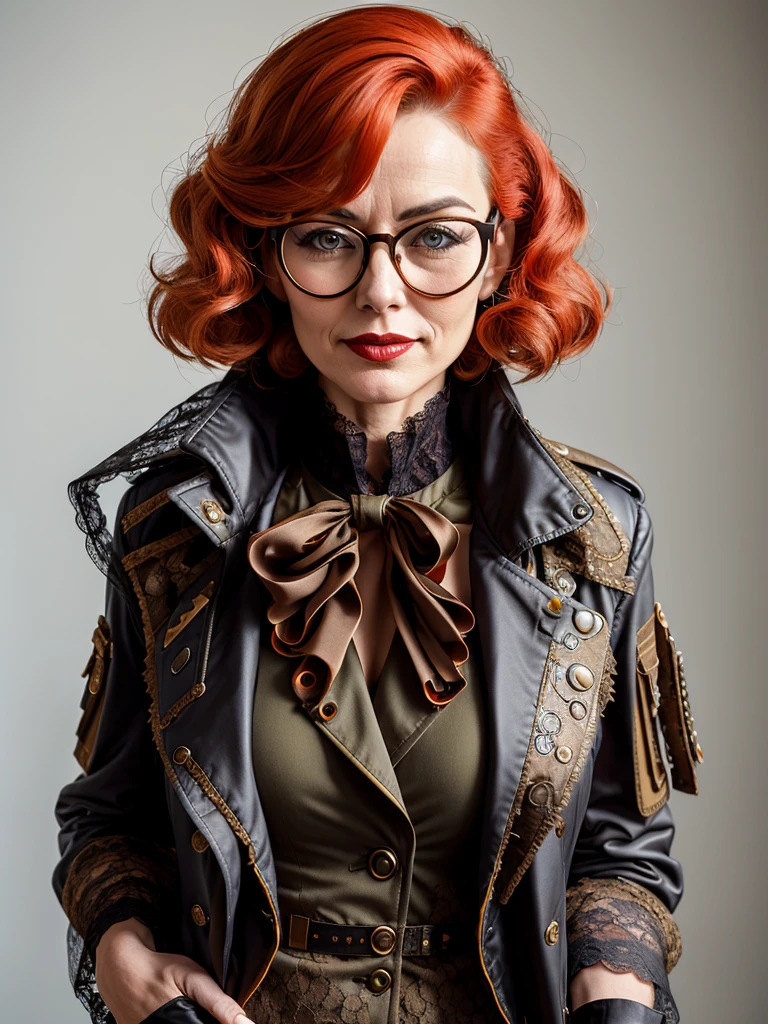 analog style, modelshoot style, portrait of a woman wearing military-style jacket, lace jabot, and steampunk-style glasses, bold, bright colours,