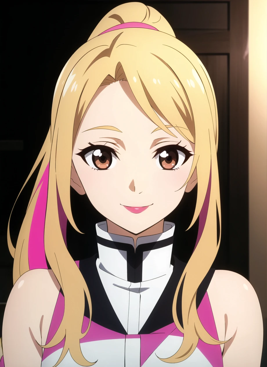 <lora:animemix_v3_offset:1> kimetsu no yaiba style,1girl, solo, looking at viewer, brown hair, brown eyes, blurry background, blurry, multicolored hair, ponytail, blonde hair, upper body, dress, flower, bare shoulders, smile, lipstick, closed mouth, anime coloring, ((masterpiece))